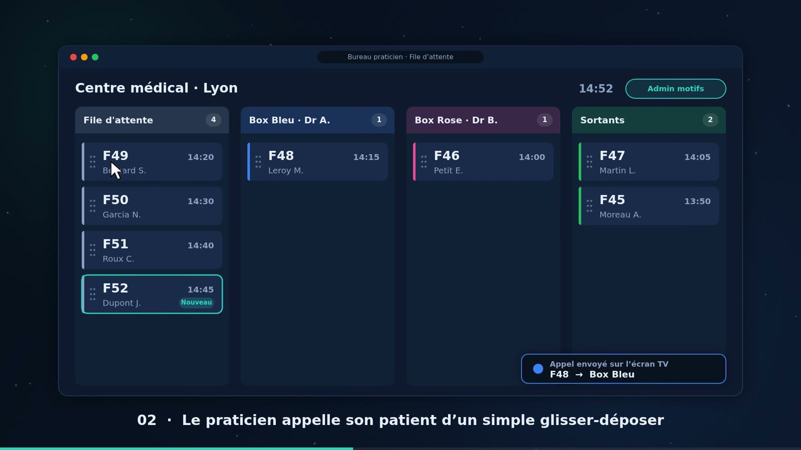Bureau praticien du logiciel de file d'attente : file des patients, box de consultation et patients sortants
