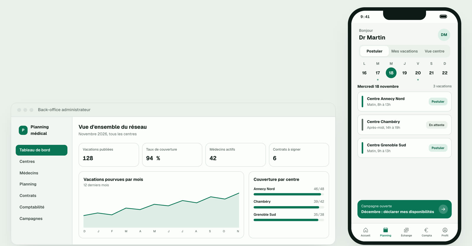 Logiciel de planning médical : tableau de bord du back-office et application mobile des médecins (données d'exemple)