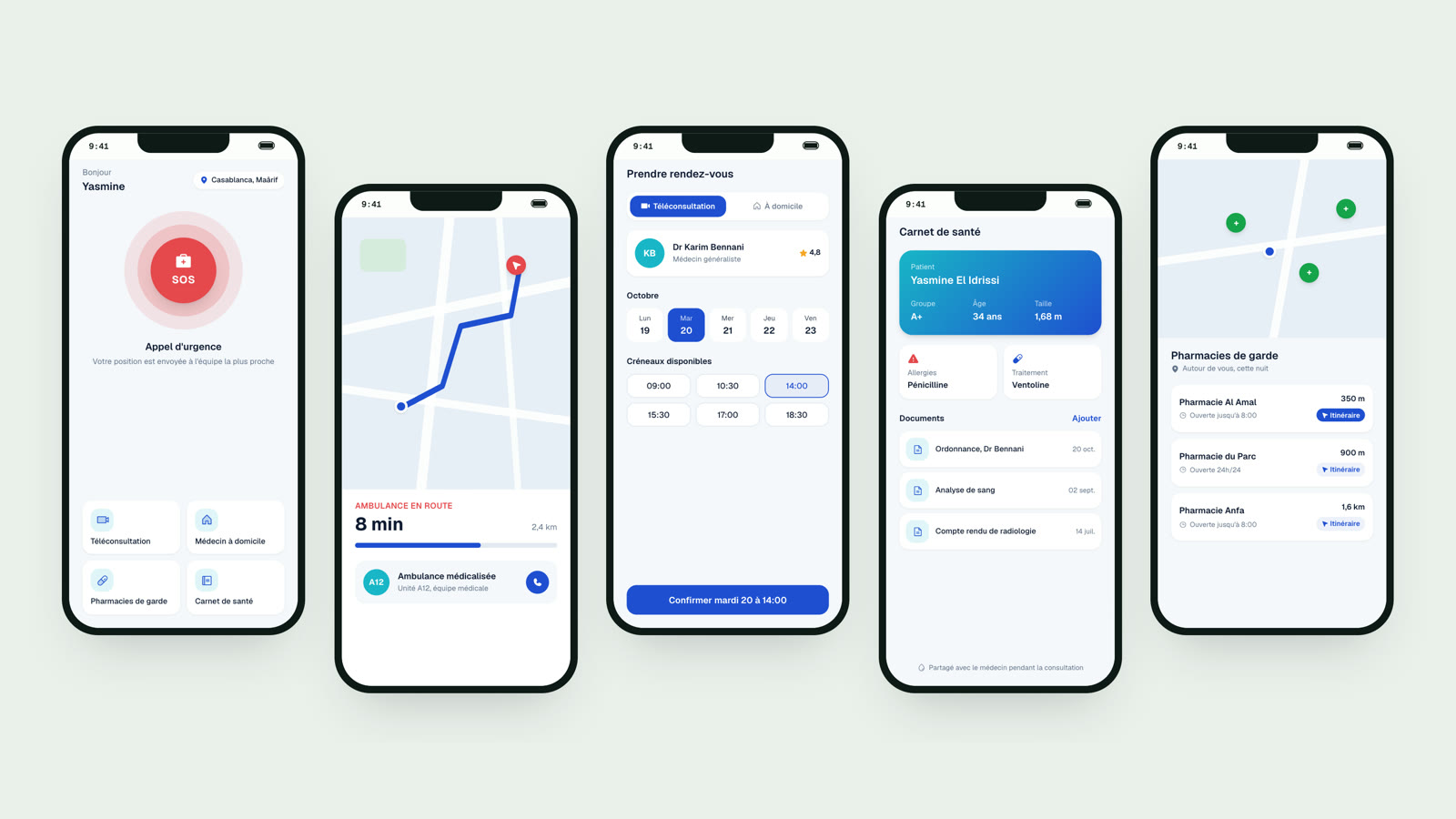 Application patient : bouton SOS, suivi d'ambulance, téléconsultation, carnet de santé et pharmacies de garde